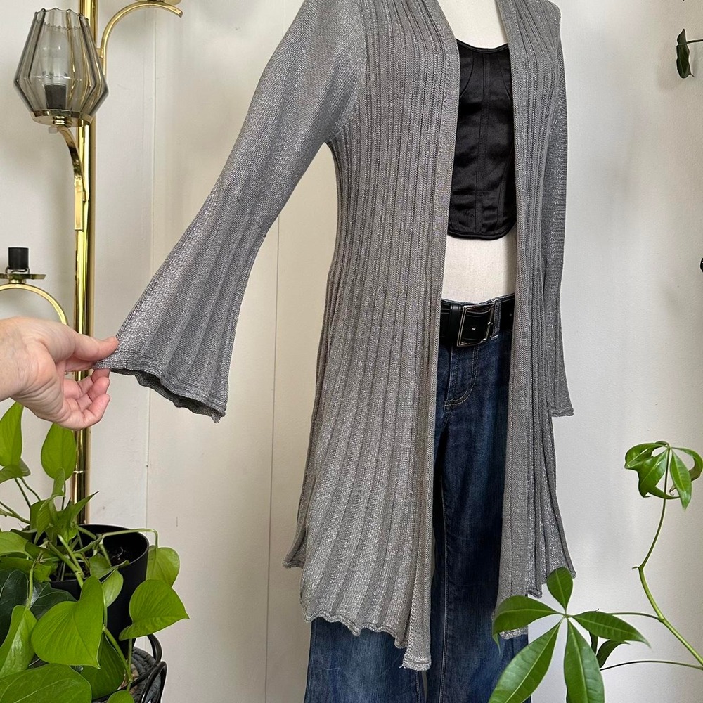 Lauren Michelle Grey Silver Metallic Ribbed Duster Cardigan Maxi Sweater Medium